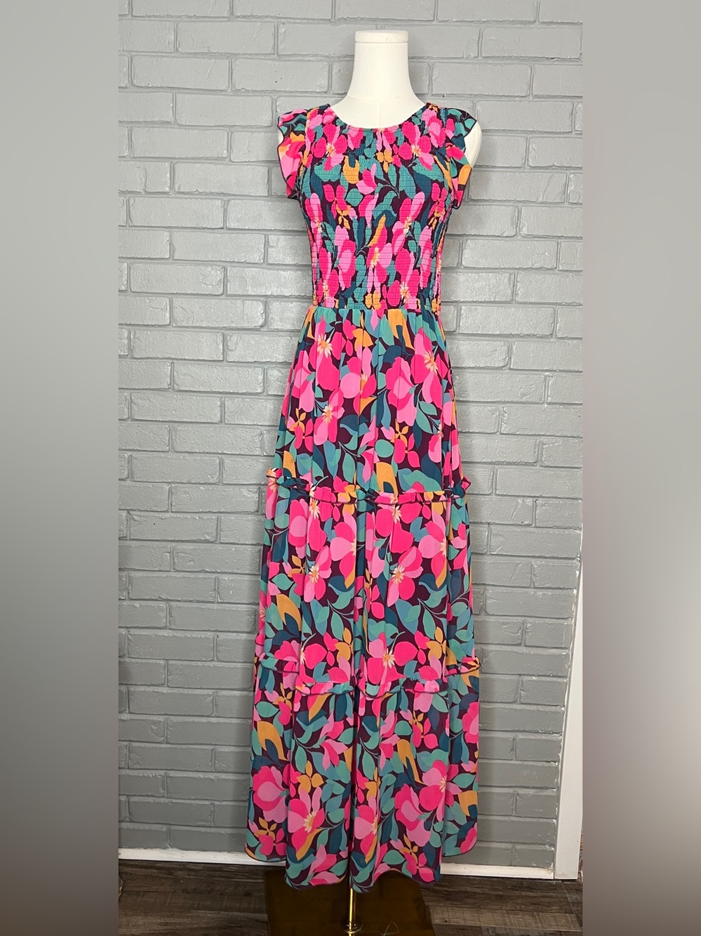MELLODAY Multicolored Floral Maxi Tiered Dress With Smocked Detailing Size Small - Picture 3 of 16